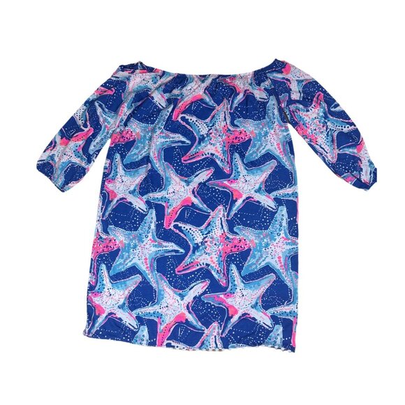 Lilly Pulitzer Girls Mini Enna Off Shoulder Dress XL 12-14 Starfish Blue Pink - Picture 4 of 4